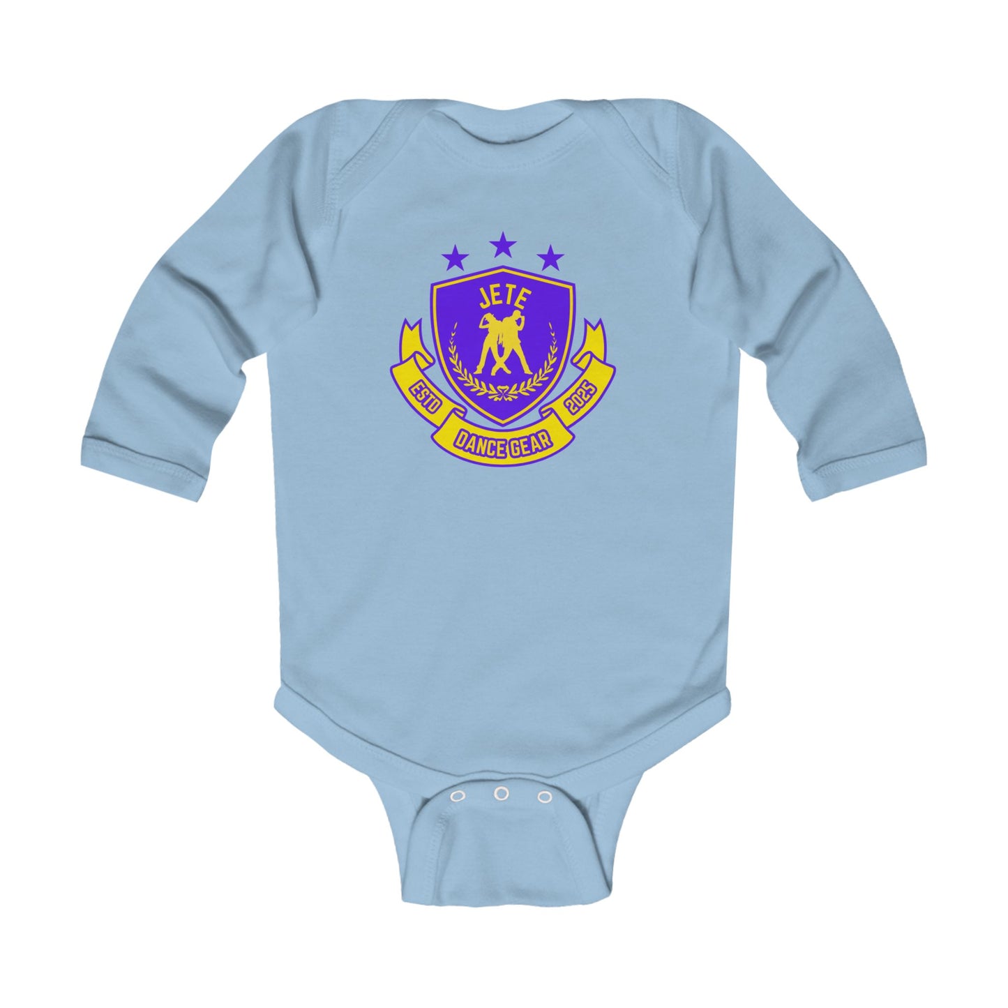 "Jeté Dance Gear" Infant Long Sleeve Bodysuit – Collegiate-Inspired Dance Graphic Baby Outfit for Future Dancers
