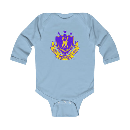 "Jeté Dance Gear" Infant Long Sleeve Bodysuit – Collegiate-Inspired Dance Graphic Baby Outfit for Future Dancers