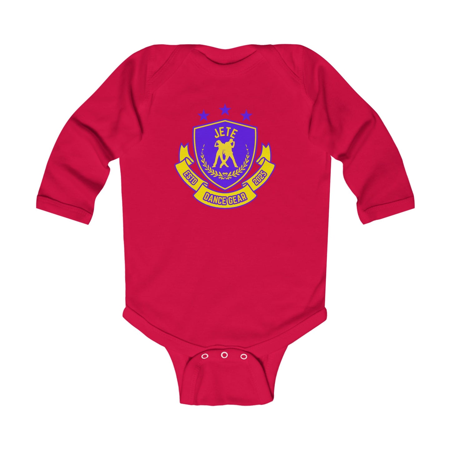 "Jeté Dance Gear" Infant Long Sleeve Bodysuit – Collegiate-Inspired Dance Graphic Baby Outfit for Future Dancers