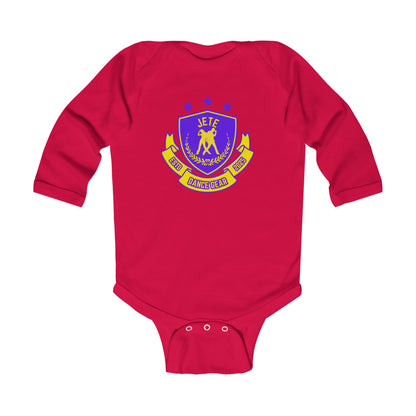 "Jeté Dance Gear" Infant Long Sleeve Bodysuit – Collegiate-Inspired Dance Graphic Baby Outfit for Future Dancers