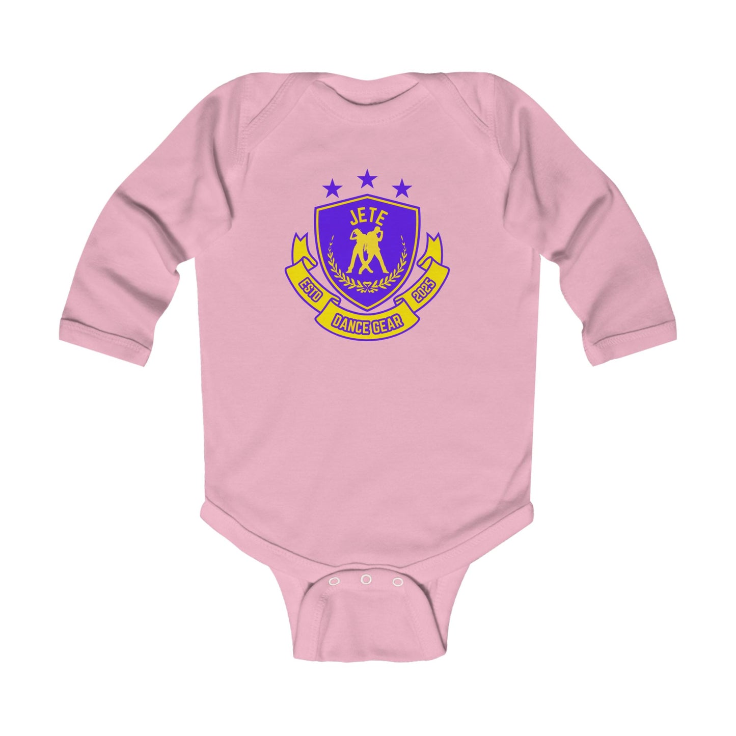 "Jeté Dance Gear" Infant Long Sleeve Bodysuit – Collegiate-Inspired Dance Graphic Baby Outfit for Future Dancers