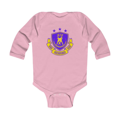 "Jeté Dance Gear" Infant Long Sleeve Bodysuit – Collegiate-Inspired Dance Graphic Baby Outfit for Future Dancers