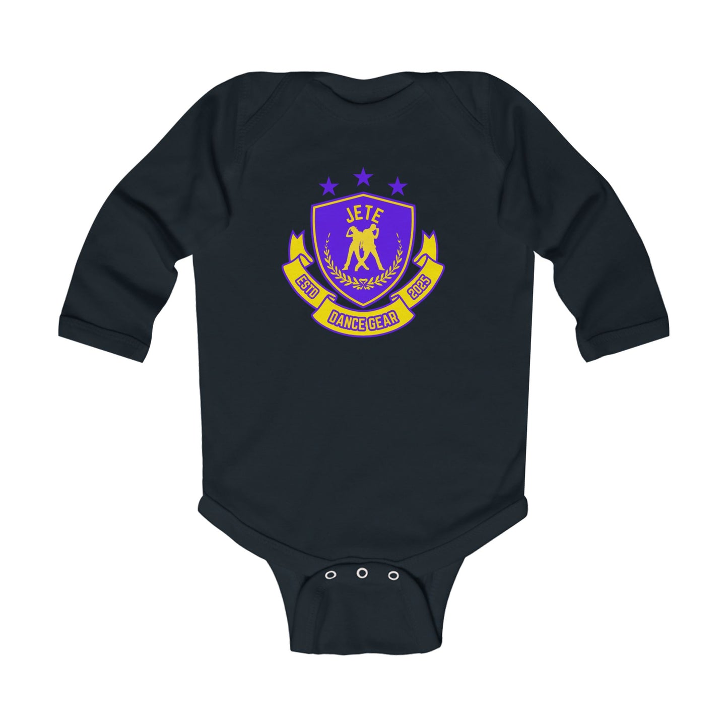 "Jeté Dance Gear" Infant Long Sleeve Bodysuit – Collegiate-Inspired Dance Graphic Baby Outfit for Future Dancers