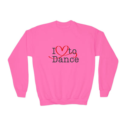 I Love to Dance Youth Crewneck Sweatshirt – Hand-Drawn Heart Graphic Dance Lover Pullover