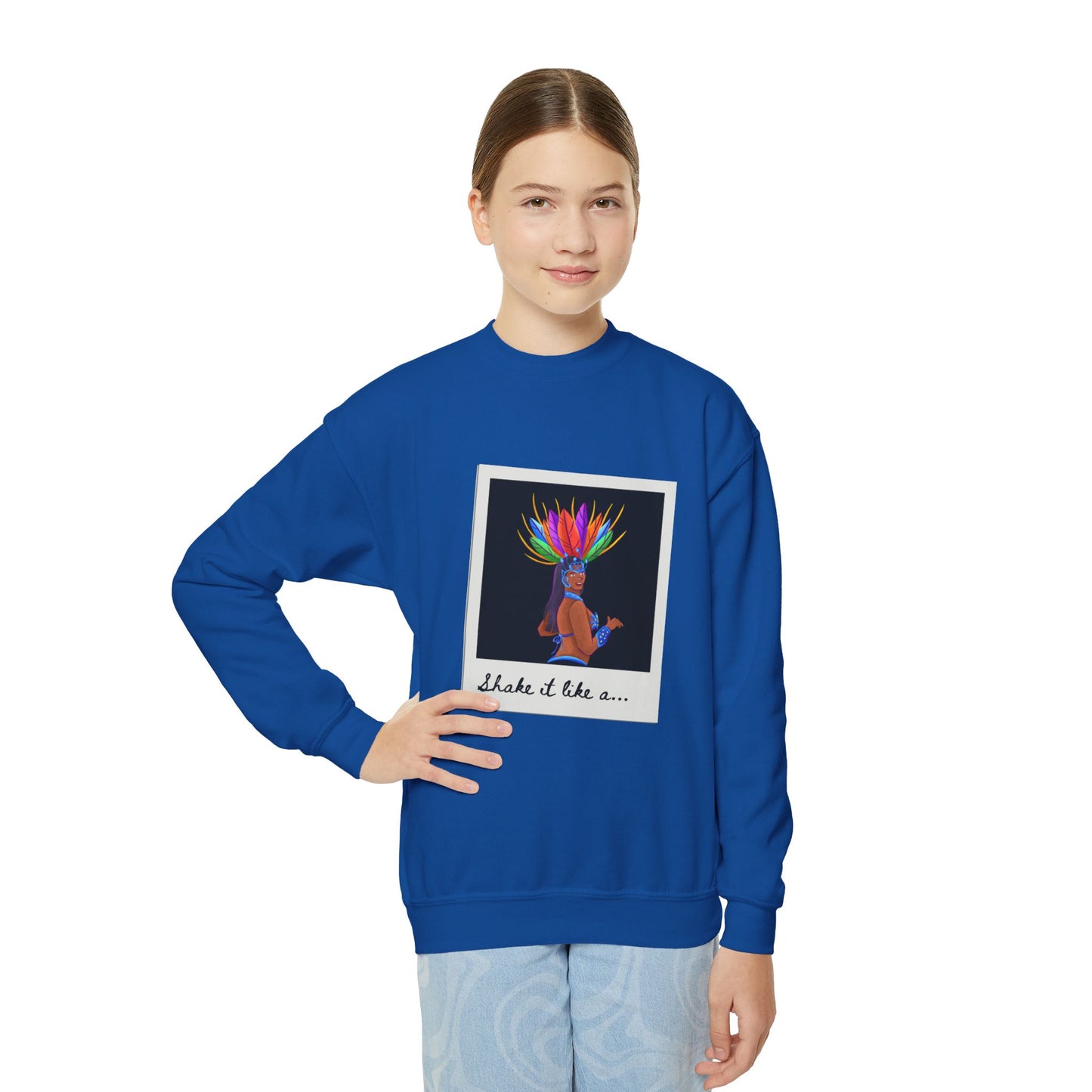 "Shake It Like a..." Youth Crewneck Sweatshirt – Carnival-Inspired Samba Dancer Graphic Pullover for Kids and Teens