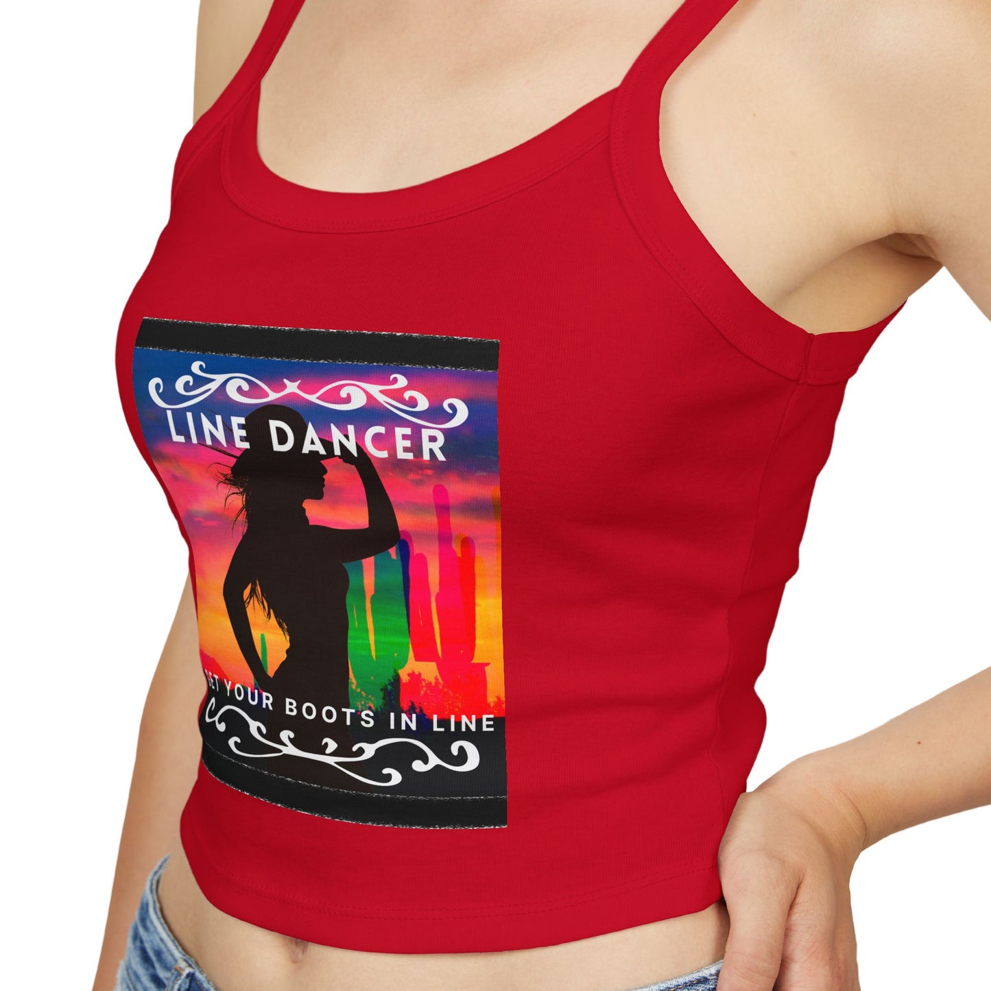 "Line Dancer" Spaghetti Strap Tank Top – Western-Inspired Country Dance Graphic – 'Get Your Boots in Line' Women's Dance Tank