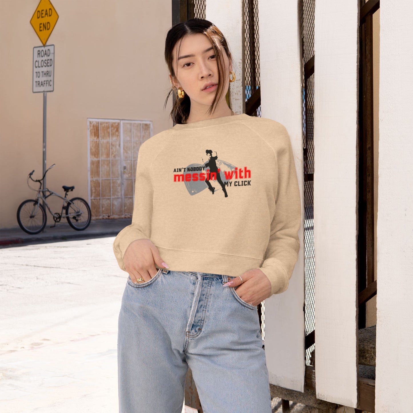 “Ain’t Nobody Messin’ with My Click” Tap Dance Graphic with Tap Shoes & Dancer | Streetwear-Inspired Tap Dance Sweatshirt for Dancers & Performers - Women’s Cropped Sweatshirt