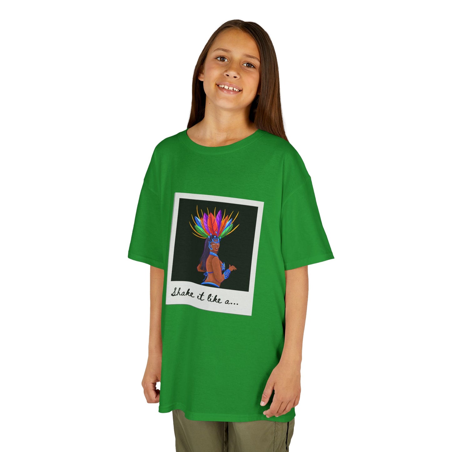 "Shake It Like a..." Youth Short Sleeve Tee – Carnival-Inspired Samba Dancer Graphic Dance Shirt for Kids