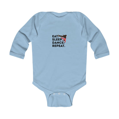 "Eat Sleep Dance Repeat" Infant Long Sleeve Bodysuit – Bold B-Boy Dance Graphic Baby Outfit for Hip-Hop Lovers