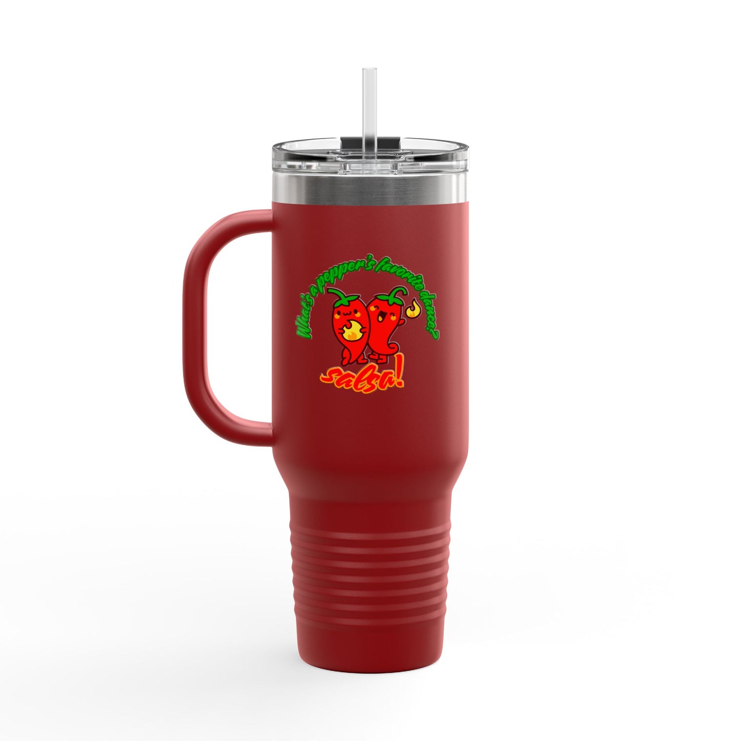 "What's a Pepper's Favorite Dance? Salsa." Funny Dance Quote 40oz Insulated Travel Mug – Bold Pepper Graphic Stainless Steel Tumbler