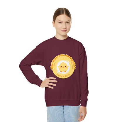"What do you call a dancing chick? Poultry in Motion." – Funny Dance Pun Youth Crewneck Sweatshirt | Cute Dancing Chicken Kids Pullover