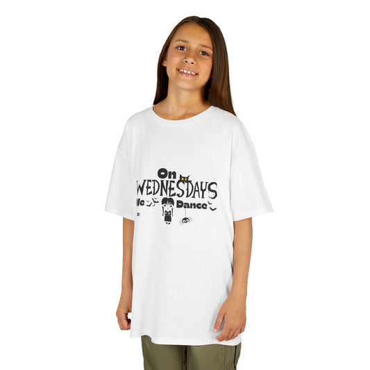 “On Wednesdays We Dance” Gothic Halloween T-Shirt with Cute Girl, Black Cat, Spiders & Bats - Kids Heavy Cotton™ Tee