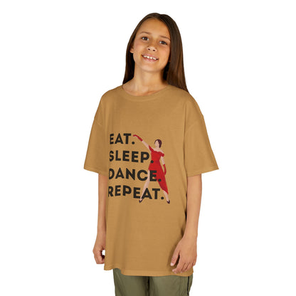 "Eat Sleep Dance Repeat” Youth Short Sleeve Tee – Bold Dancer Graphic Dance Shirt for Kids and Young Performers