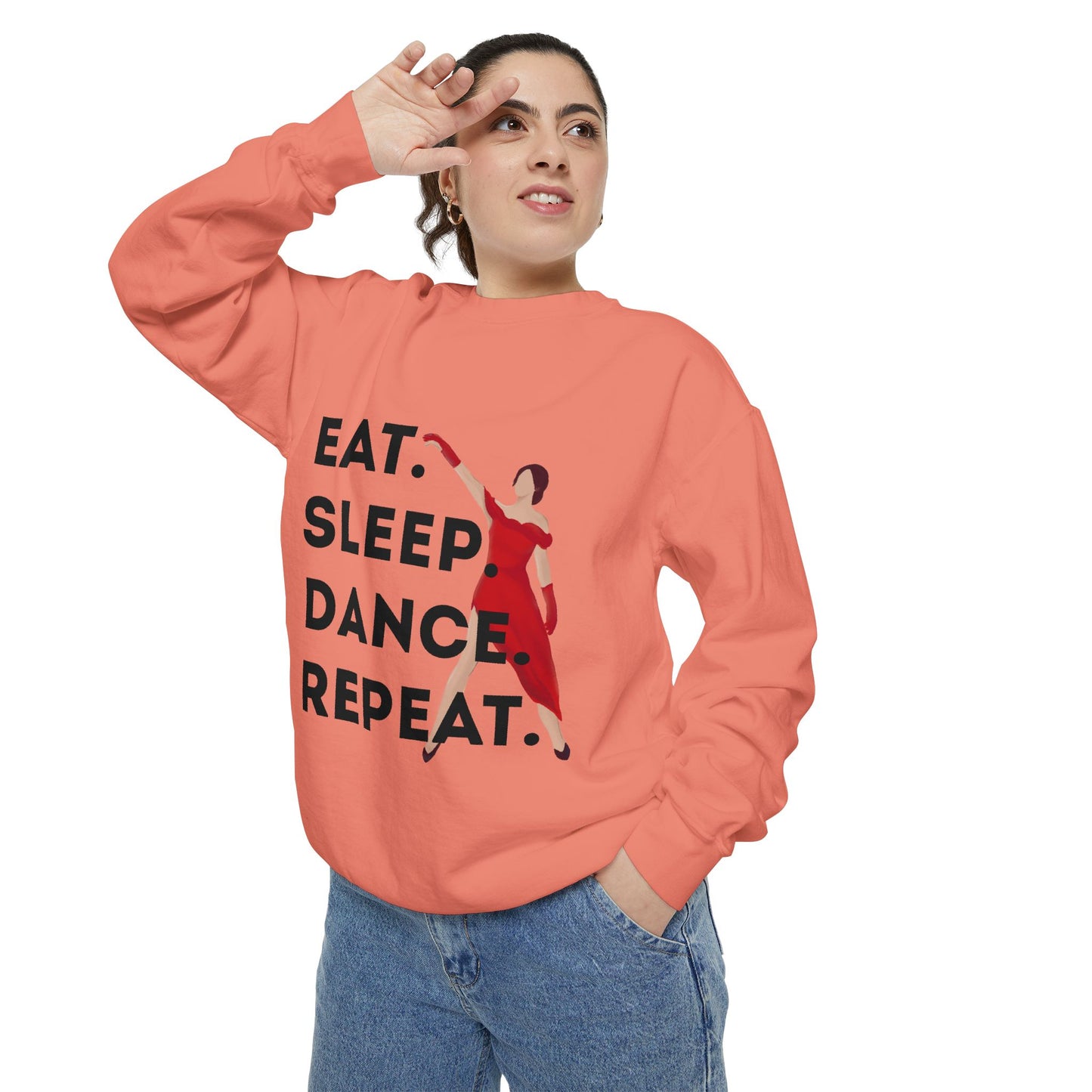 "Eat, Sleep, Dance, Repeat" Unisex Lightweight Crewneck Sweatshirt – Bold Dance Graphic Pullover for Dancers & Studio Life Enthusiasts