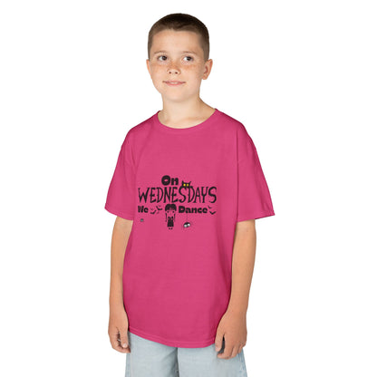 “On Wednesdays We Dance” Gothic Halloween T-Shirt with Cute Girl, Black Cat, Spiders & Bats - Kids Heavy Cotton™ Tee