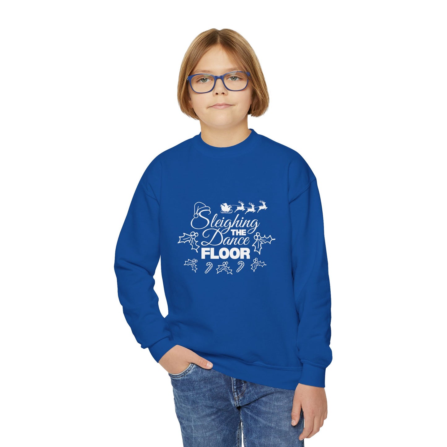 “Sleighing the Dance Floor” YOUTH SWEATSHIRT  Crewneck with Santa’s Sleigh and Reindeer – Festive Christmas Dance Sweatshirt for Kids and Young Dancers