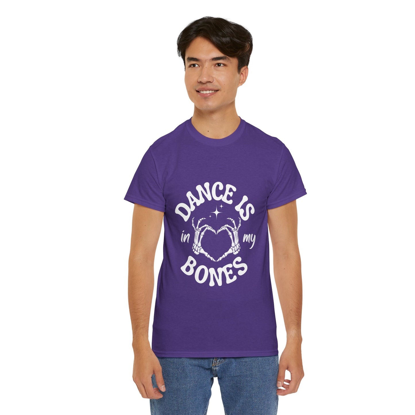 “Dance Is in My Bones” Halloween Dance T-Shirt with Cute Skeleton Heart Graphic - Unisex Heavy Cotton Tee