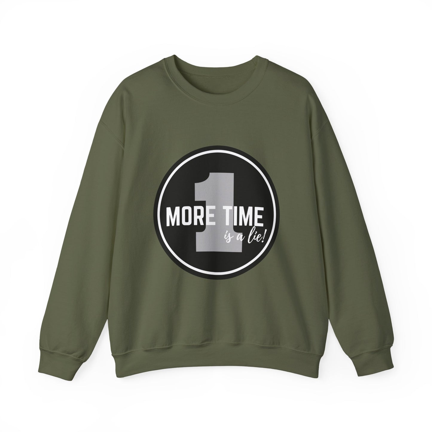 "One More Time Is a Lie." Unisex Heavy Blend Crewneck Sweatshirt – Bold Emblem Graphic Dance Teacher Quote Pullover for Dancers & Studio Life