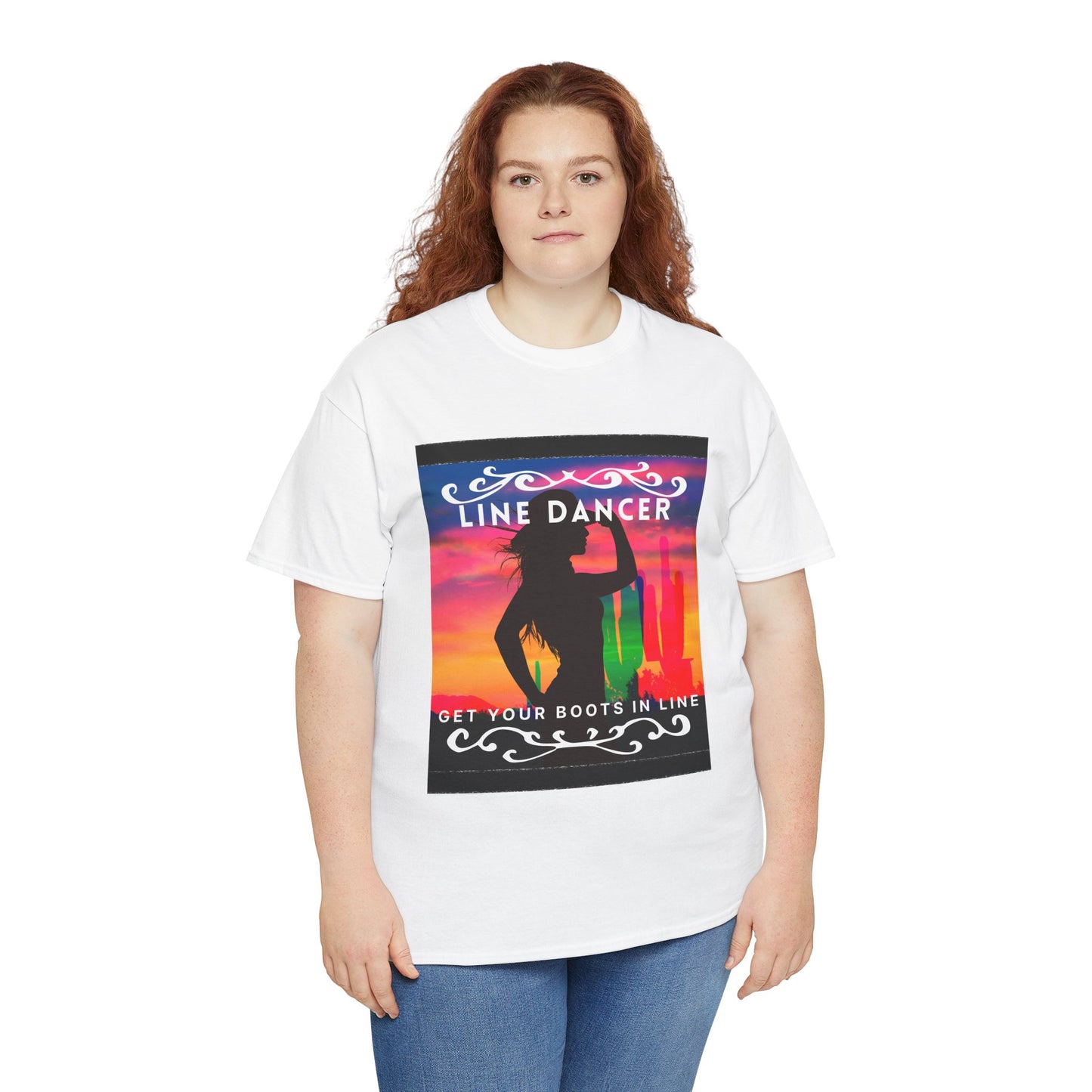 "Line Dancer" Unisex Heavy Cotton T-Shirt – Western Country Dance Graphic Tee – 'Get Your Boots in Line' Cowboy-Inspired Shirt
