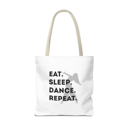 "Eat Sleep Dance Repeat" Canvas Tote Bag – Gray Dancer Silhouette Dance-Themed Reusable Shoulder Bag for Dancers, Studio, or Everyday Use