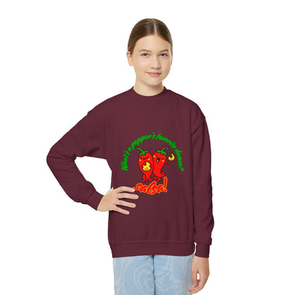 "What's a pepper's favorite dance?  Salsa!" – Funny Dance Pun Youth Crewneck Sweatshirt | Cute Pepper Graphic Kids Pullover for Dancers