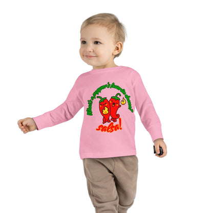 "What Is a Pepper's Favorite Dance? Salsa!" Toddler Dance T-Shirt – Cute Pepper Pun Graphic Long Sleeve Tee for Kids