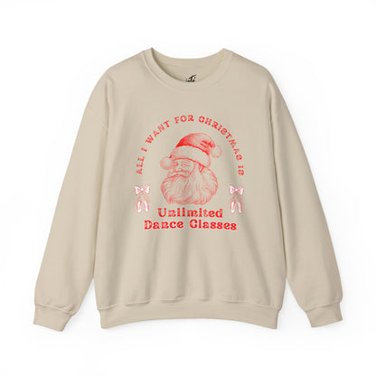 “All I Want for Christmas Is Unlimited Dance Classes” ADULT SWEATSHIRT Unisex Heavy Blend Crewneck with Vintage Santa – Festive Holiday Dance Sweatshirt for Dancers & Studios