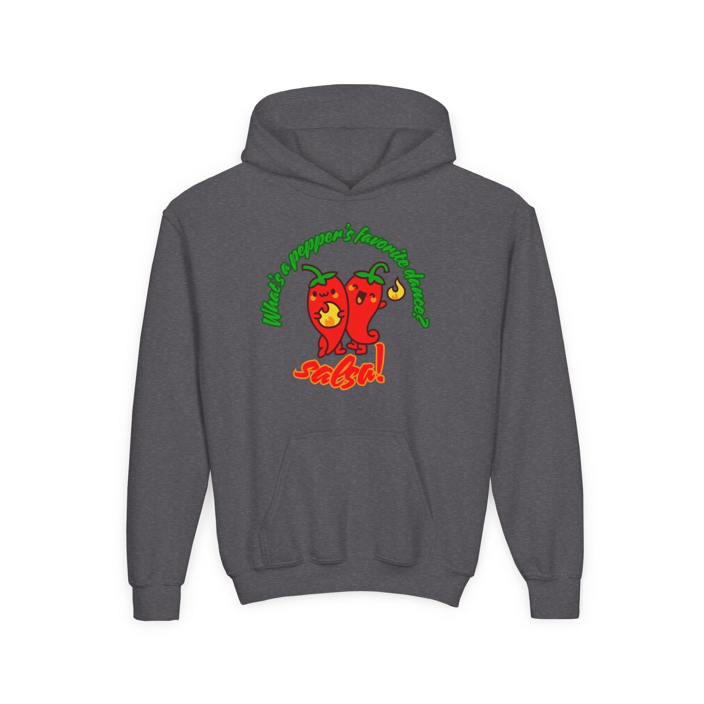 "What’s a Pepper’s Favorite Dance? Salsa!" Youth Hooded Sweatshirt – Funny Dance Pun Pepper Graphic Hoodie for Kids and Teens
