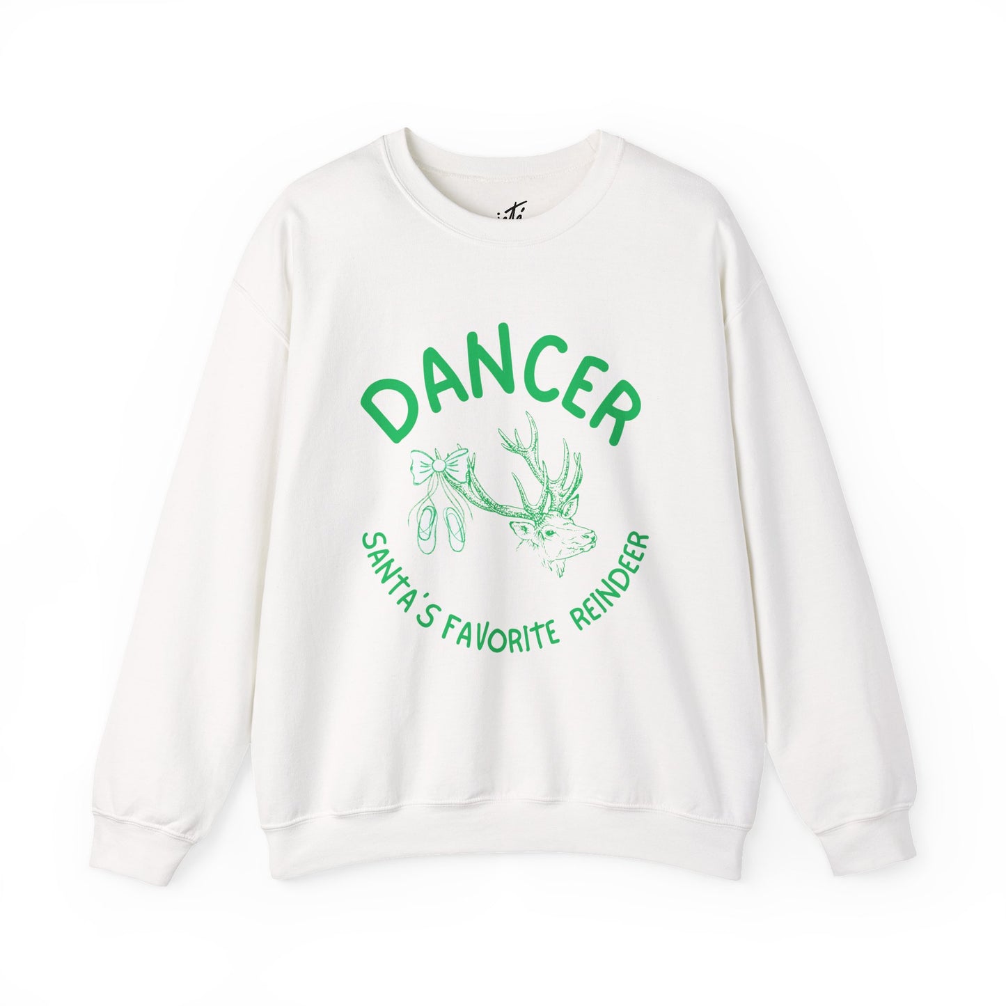 “Dancer, Santa’s Favorite Reindeer” ADULT SWEATSHIRT Unisex Heavy Blend Crewneck with Vintage Reindeer Graphic – Festive Christmas Dance Sweatshirt for Dancers & Holiday Events