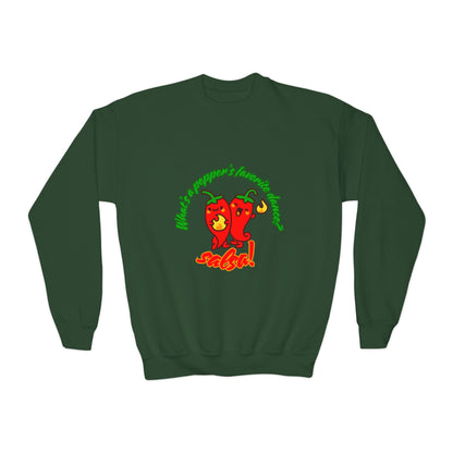 "What's a pepper's favorite dance?  Salsa!" – Funny Dance Pun Youth Crewneck Sweatshirt | Cute Pepper Graphic Kids Pullover for Dancers