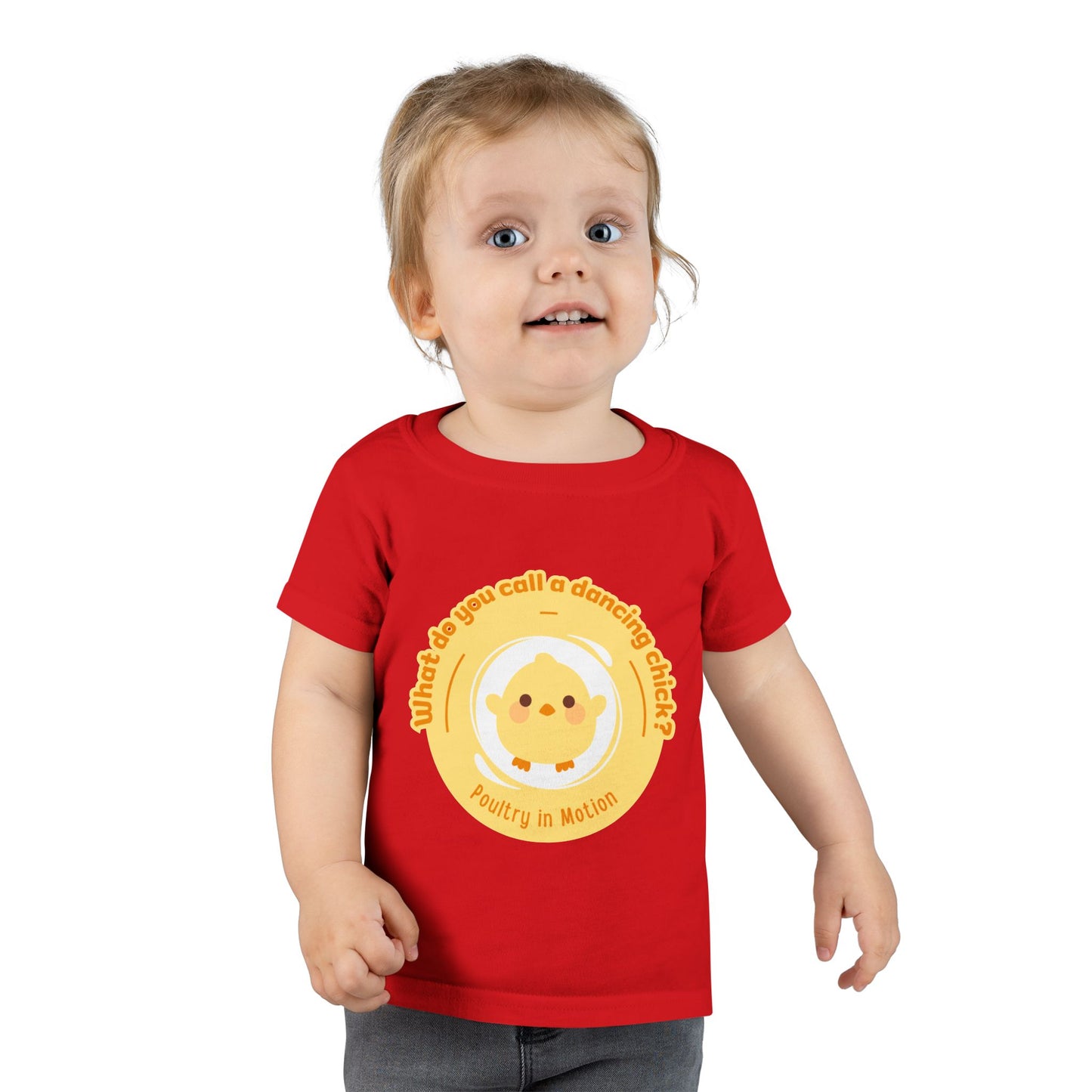 "What Do You Call a Dancing Chick? Poultry in Motion" Toddler Dance T-Shirt – Cute Chicken Graphic Short Sleeve Tee for Kids