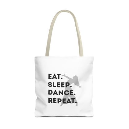 "Eat Sleep Dance Repeat" Canvas Tote Bag – Gray Dancer Silhouette Dance-Themed Reusable Shoulder Bag for Dancers, Studio, or Everyday Use