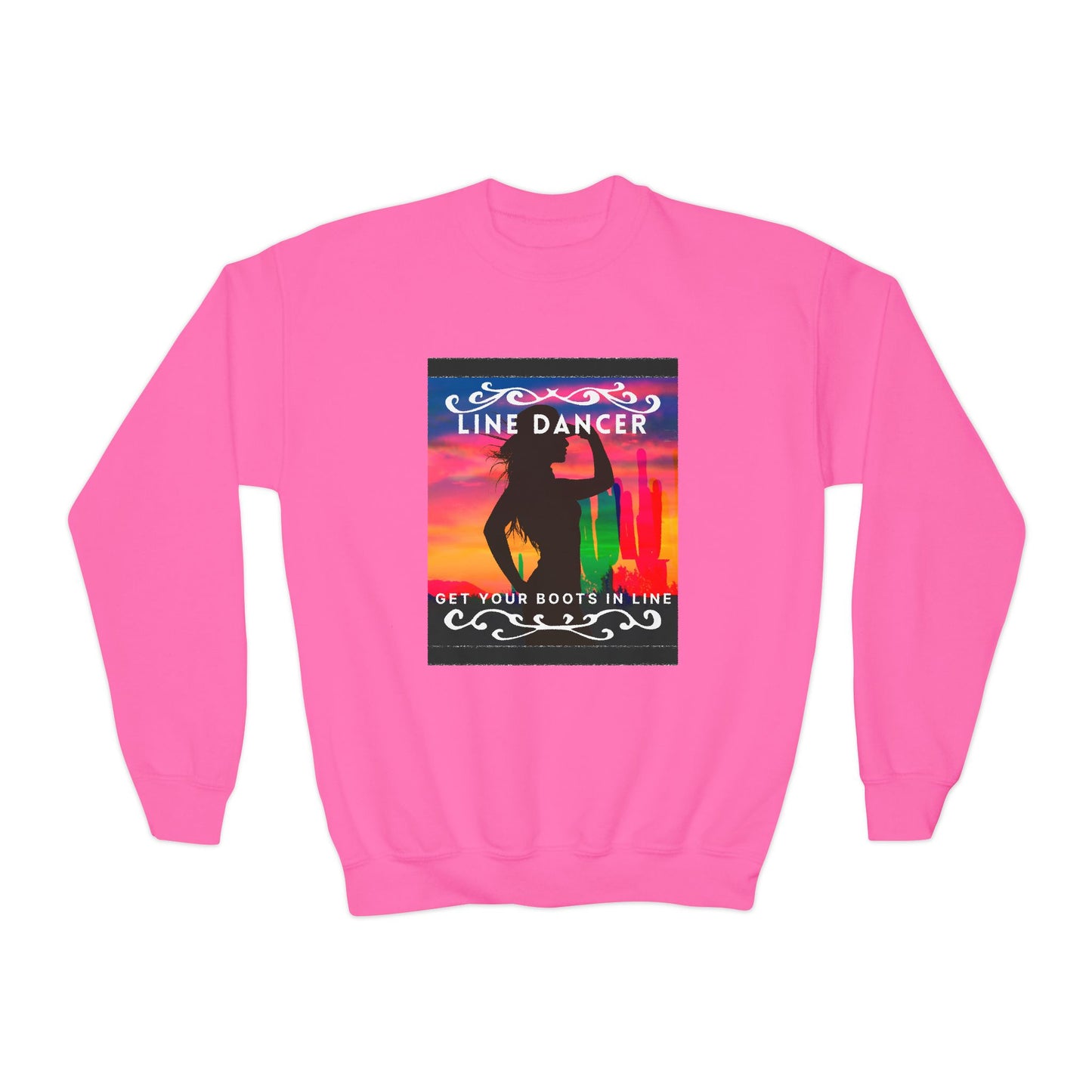 "Line Dancer, Get Your Boots in Line!" Youth Crewneck Sweatshirt – Western-Inspired Dance Graphic – Country Dance Pullover for Kids