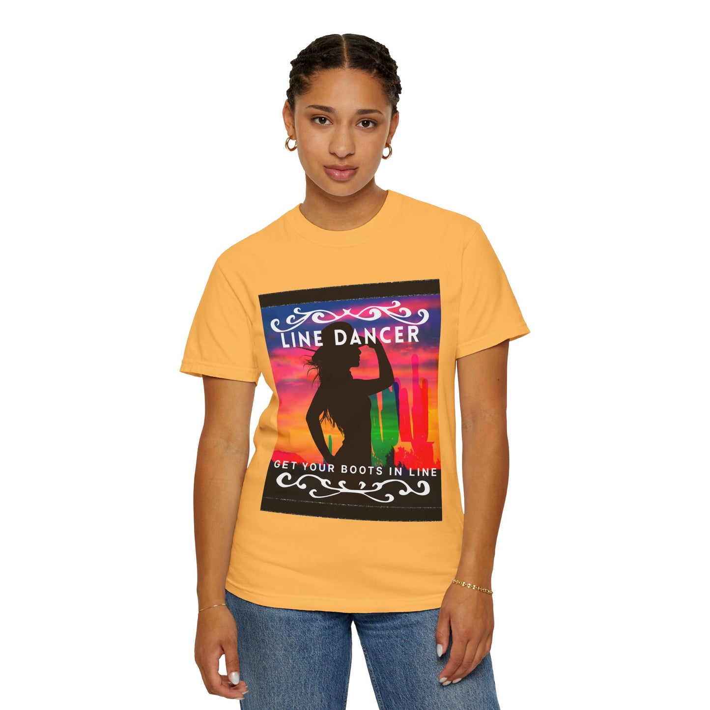 "Line Dancer" Unisex Garment-Dyed T-Shirt – Western Country Dance Graphic Tee – 'Get Your Boots in Line' Cowboy-Inspired Shirt
