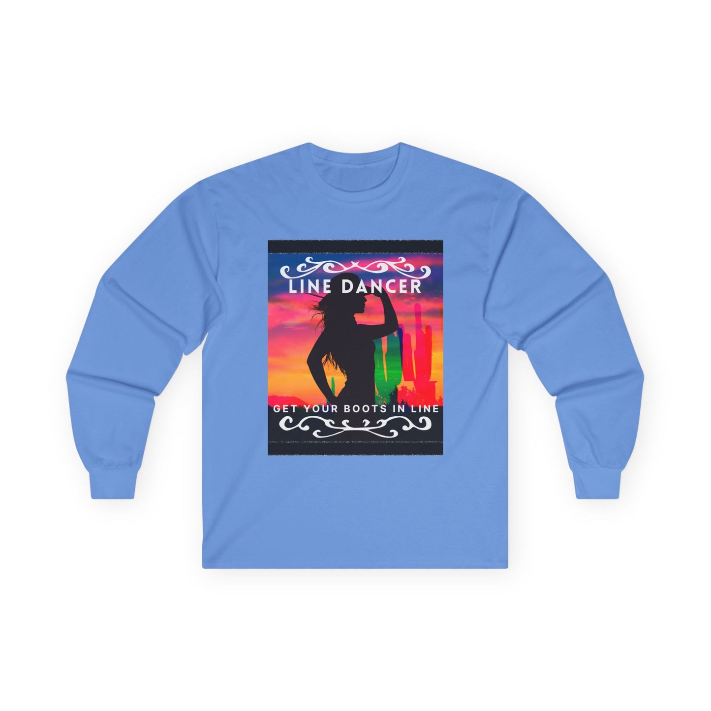 "Line Dancer, Get Your Boots in Line" Western-Inspired Graphic – Unisex Long Sleeve Dance Tee