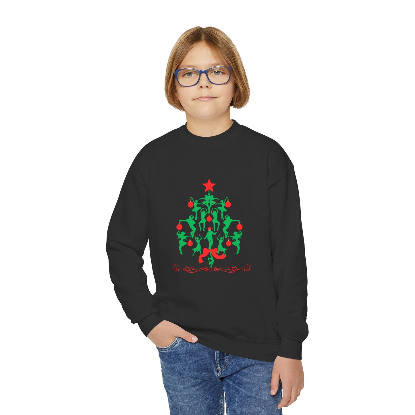 "Christmas Tree Dancer Silhouette" YOUTH SWEATSHIRT  Crewneck – Festive Ballet & Dance Holiday Sweatshirt for Dancers, Teachers, and Studios