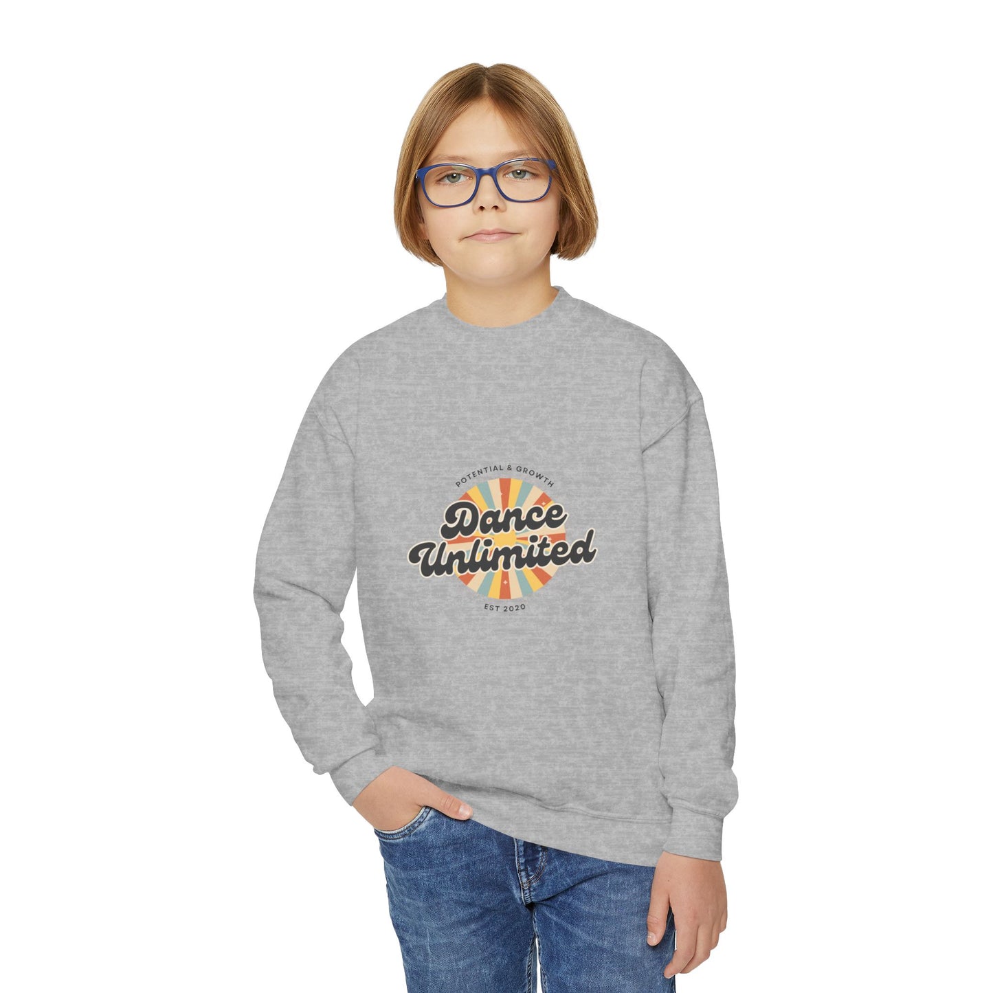 "Dance Unlimited - Potential & Growth" Youth Dance Unlimited Crewneck Sweatshirt – Retro Graphic | Motivational Dance Apparel for Kids