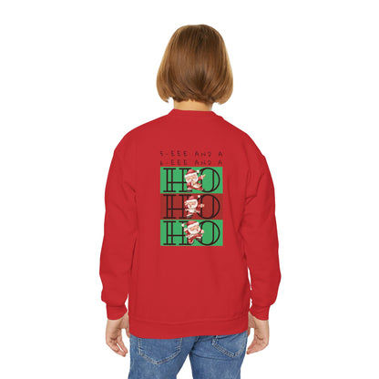 “5-eee and a 6-eee and a Ho, Ho, Ho” YOUTH SWEATSHIRT Crewneck with Playful Dancing Santa Front & Back – Festive Christmas Dance Sweatshirt for Dancers & Studios