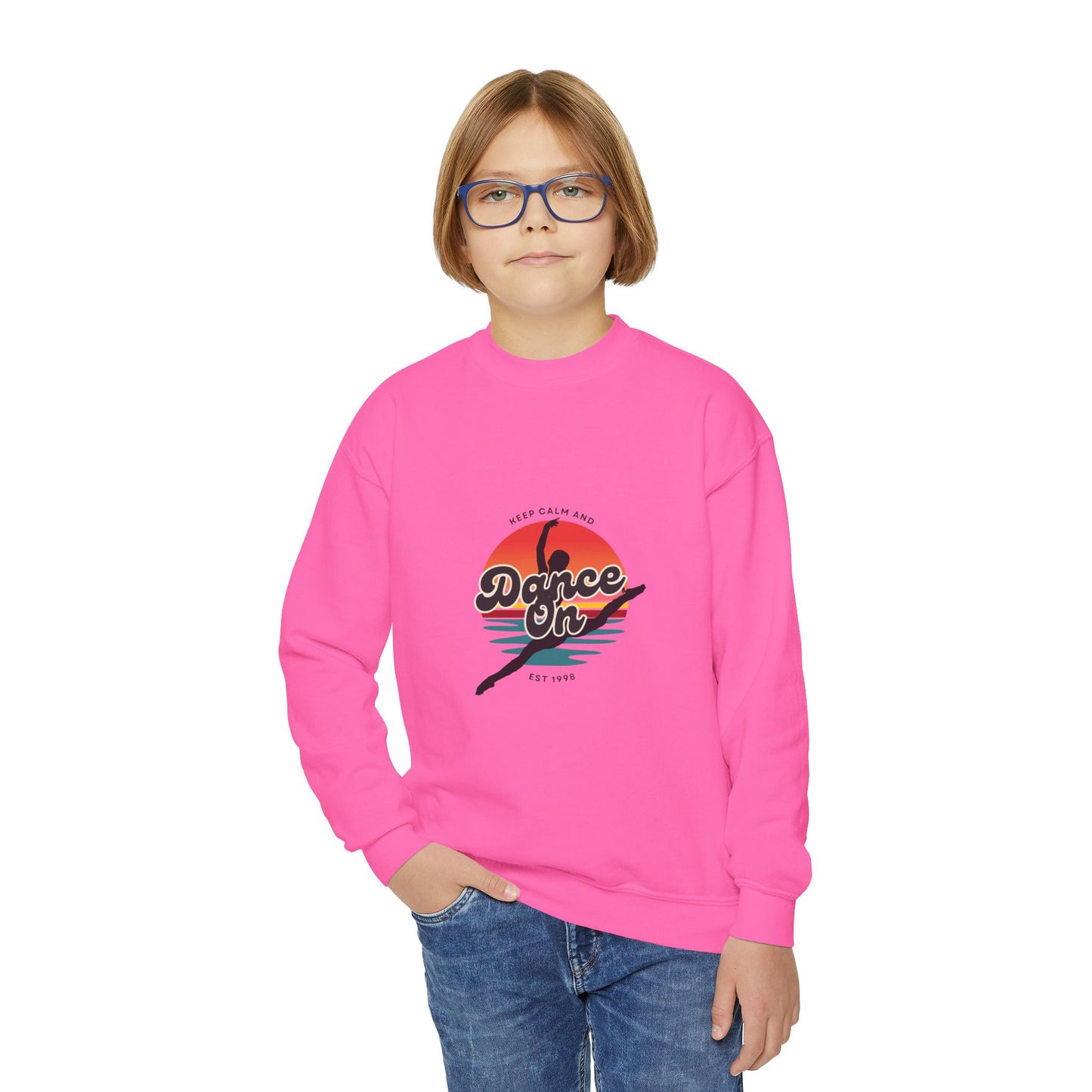 "Keep Calm and Dance On" Youth Crewneck Sweatshirt – Retro Graphic Dance-Themed Kids Pullover for Young Performers