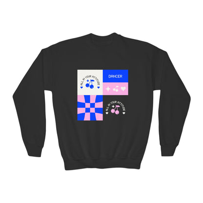 "Dancer – All in Your Attitude" Youth Crewneck Sweatshirt | Retro Dance Graphic Kids Pullover for Confident Movers