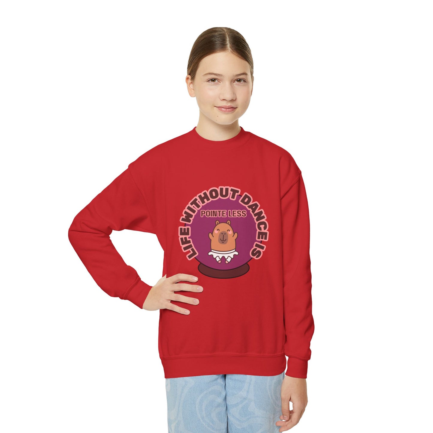 "Life Without Dance Is Pointeless" – Cute Dancing Capybara Youth Crewneck Sweatshirt | Funny Animal Dance Kids Pullover