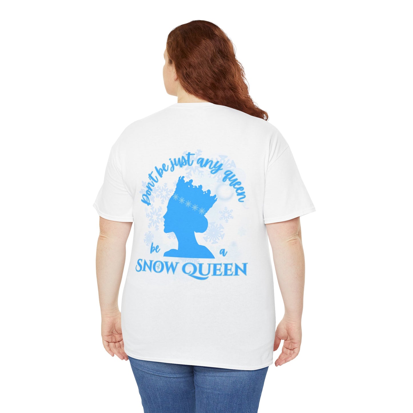 Person wearing a white t-shirt with a blue Snow Queen design and text on the back.