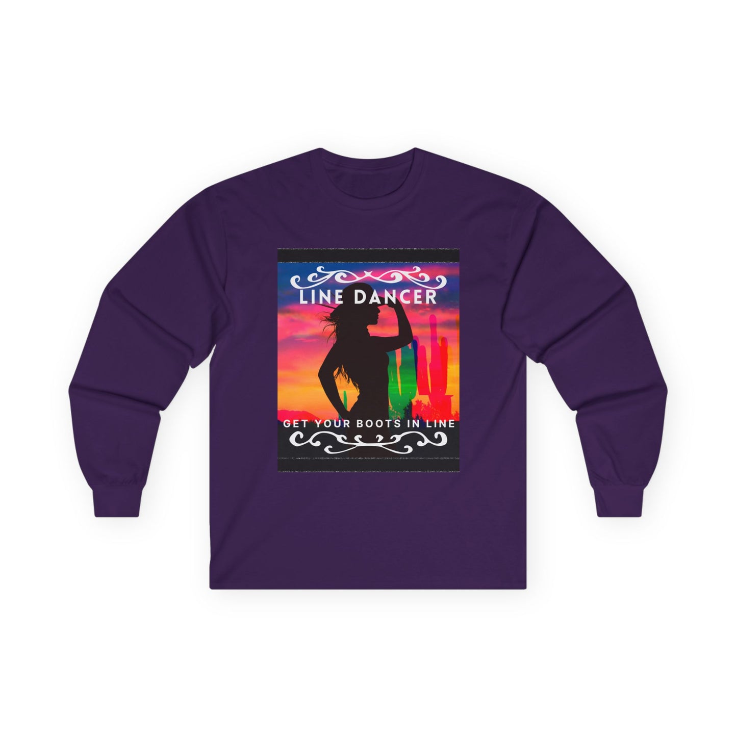 "Line Dancer, Get Your Boots in Line" Western-Inspired Graphic – Unisex Long Sleeve Dance Tee