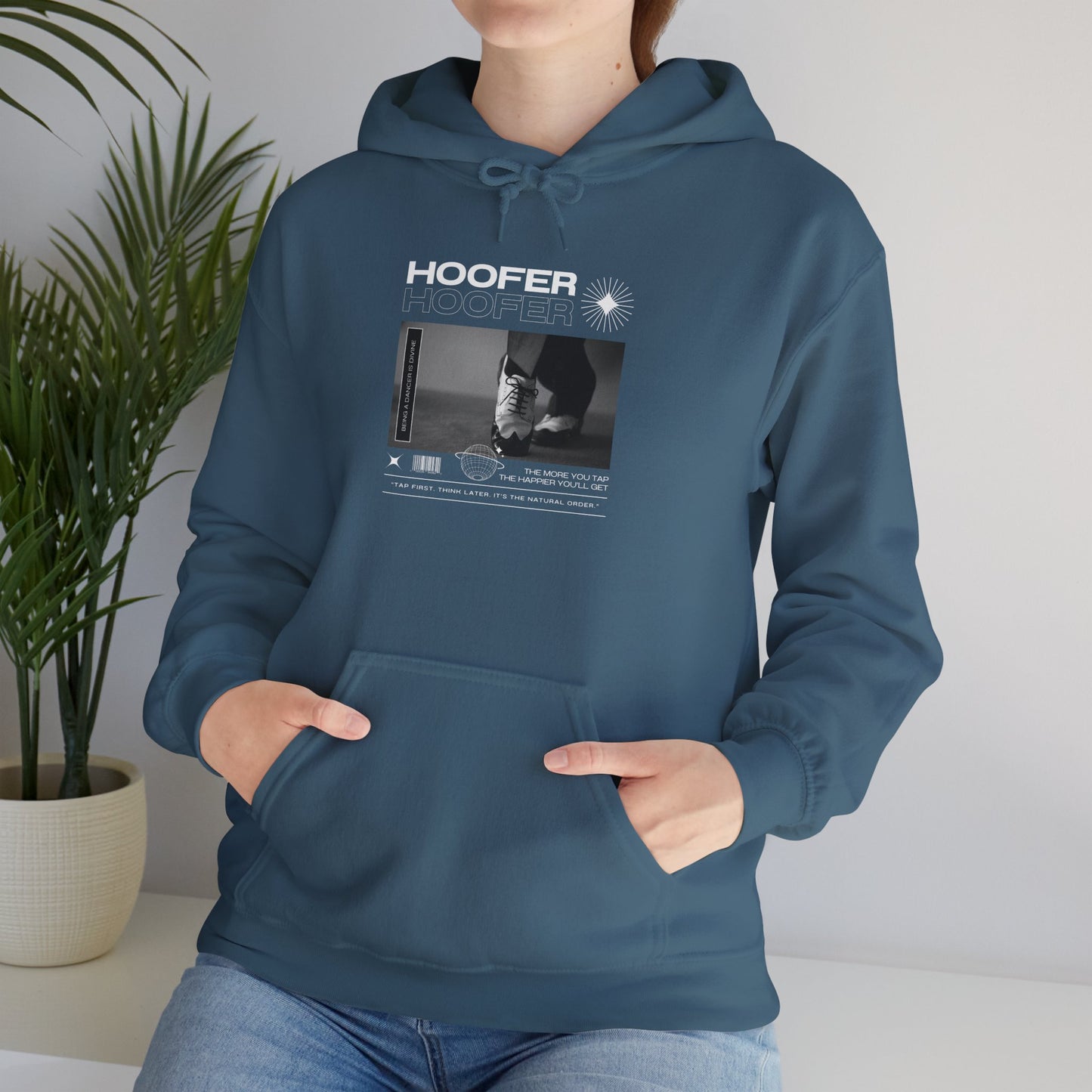 “Hoofer” Tap Dance Text with Streetwear-Style Tap Shoes Graphic – Unisex Heavy Blend™ Hooded Sweatshirt – Cozy Dance Hoodie for Tap Dancers & Dance Enthusiasts