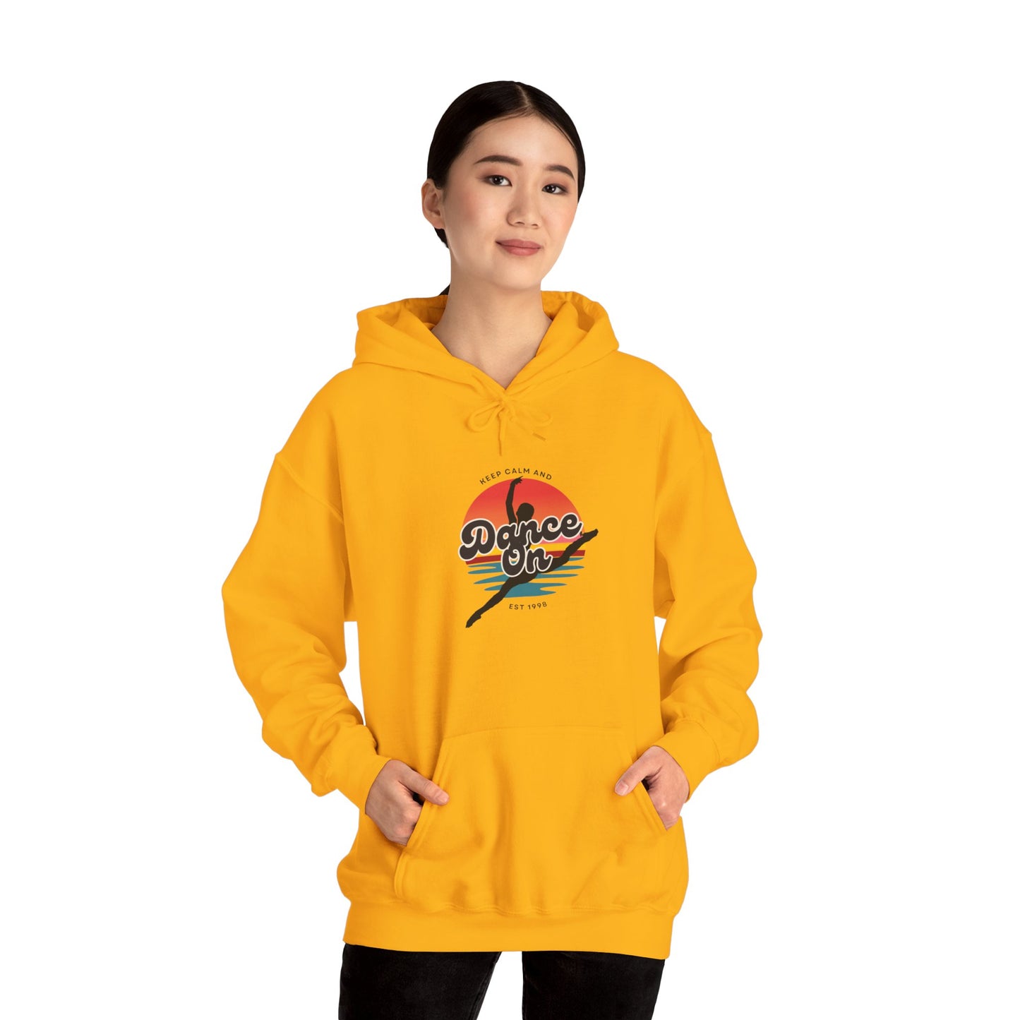“Keep Calm and Dance On” Retro Hoodie – Unisex Dance-Inspired Hooded Sweatshirt for Dancers & Movement Lovers