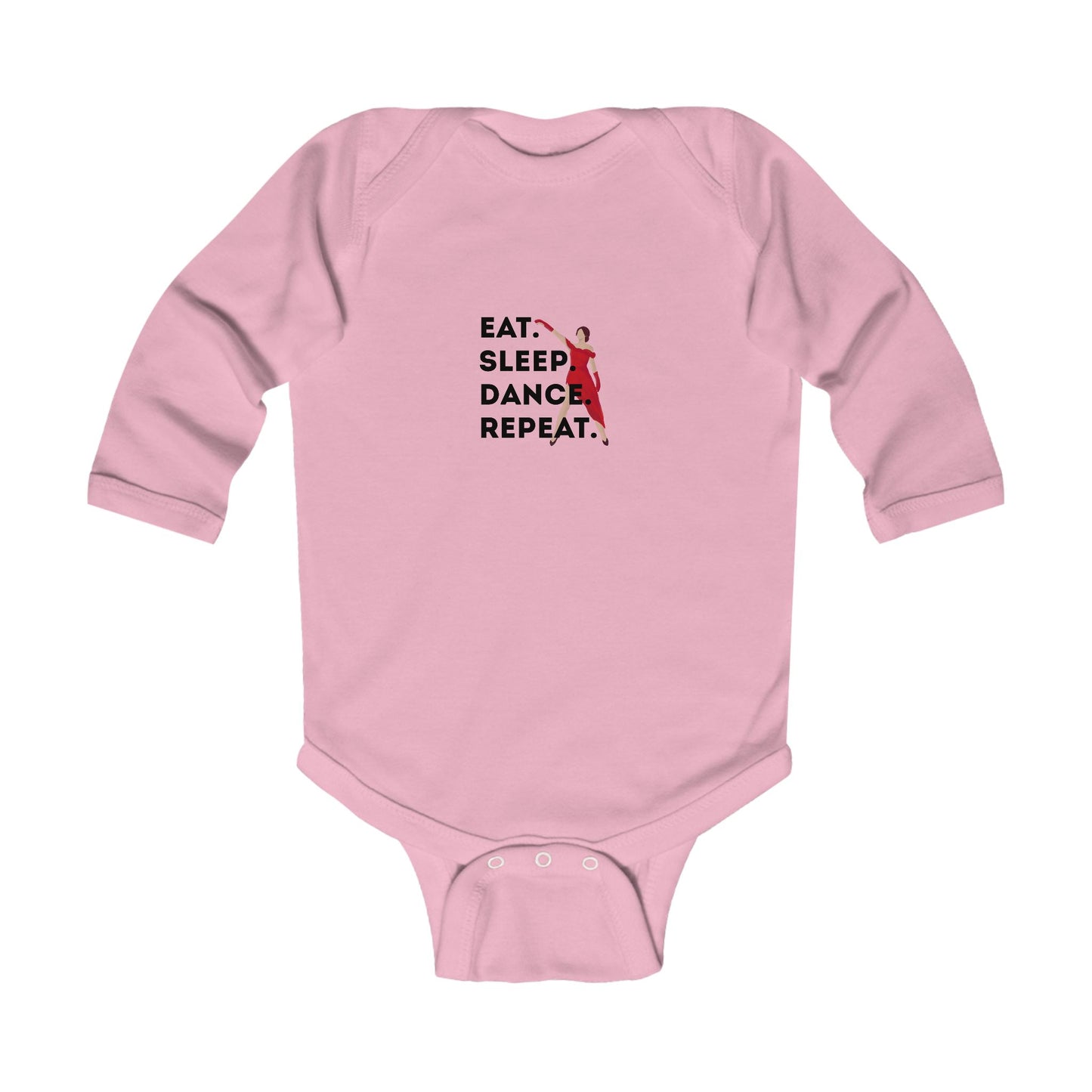 "Eat Sleep Dance Repeat" Infant Long Sleeve Bodysuit – Bold Dancer Graphic Baby Outfit for Dance-Loving Families