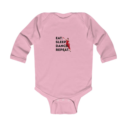 "Eat Sleep Dance Repeat" Infant Long Sleeve Bodysuit – Bold Dancer Graphic Baby Outfit for Dance-Loving Families