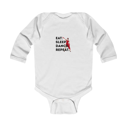 "Eat Sleep Dance Repeat" Infant Long Sleeve Bodysuit – Bold Dancer Graphic Baby Outfit for Dance-Loving Families