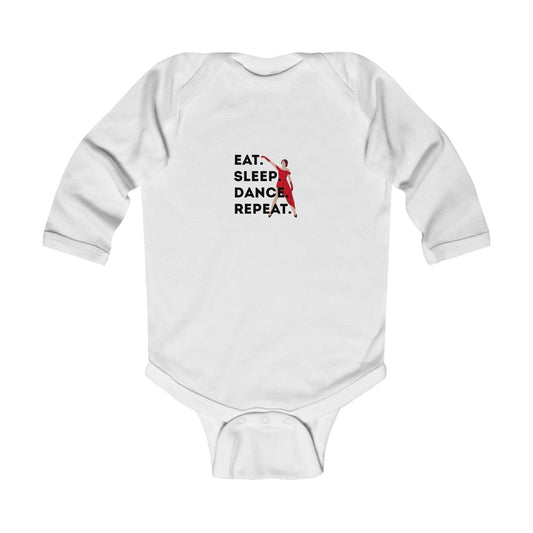 "Eat Sleep Dance Repeat" Infant Long Sleeve Bodysuit – Bold Dancer Graphic Baby Outfit for Dance-Loving Families