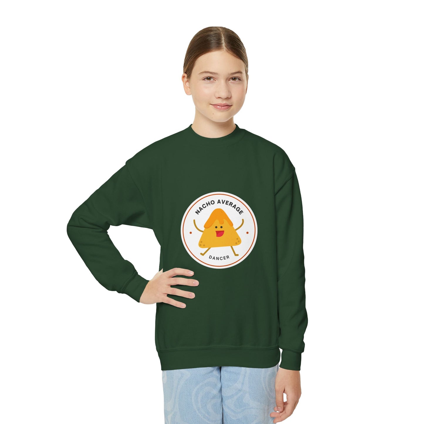 "Nacho Average Dancer" – Funny Youth Crewneck Dance Sweatshirt | Cute Nacho Graphic Kids Pullover